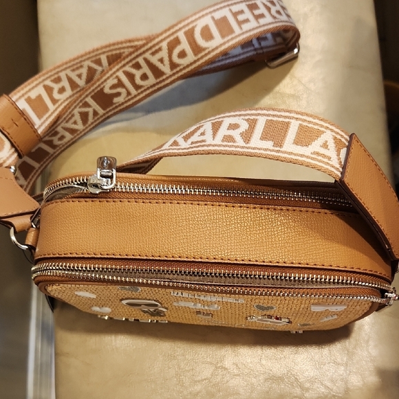 Karl Lagerfeld Brown Leather and Woven Crossbody Bag W Charms & Guitar Strap NWT - Picture 5 of 11